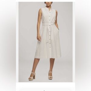 Anne Klein Sleeveless Button-Front Eyelet Midi Dress in White